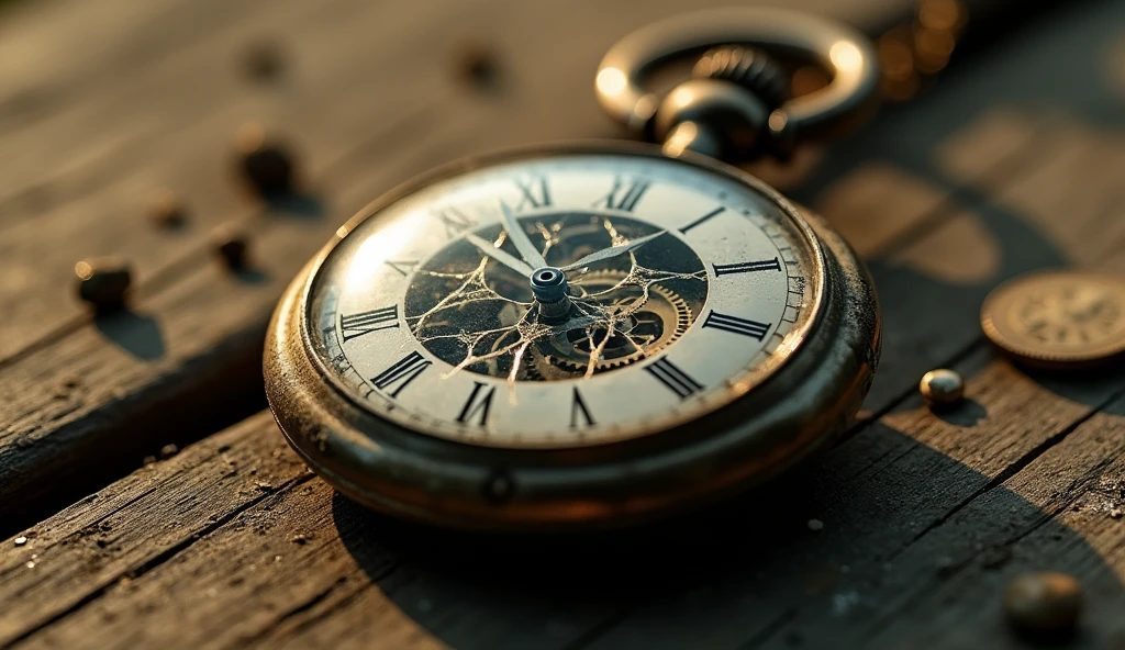 A close up of a broken pocket watch left lying on a worn wooden surface, with the hands stuck in a poignant moment frozen in time. Cracked glass reflects a distorted view of the surroundings, emphasizing the broken illusion of time. Dust particles dance in the air, adding a sense of stillness and abandonment.
  - Cena: "A broken pocket watch lies abandoned, the hands frozen in a moving moment, reflecting the shattered illusion of the passage of time."
  - *aspect ratio 16:9