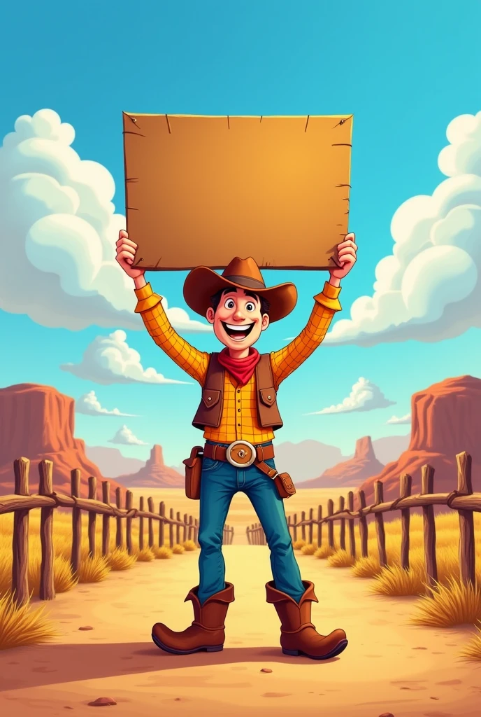 Create a Cowboy holding a square sign offering his product for sale, that it is in a cartoon that in the background you can see a very nice ranch with wooden fences and a desert without a beard