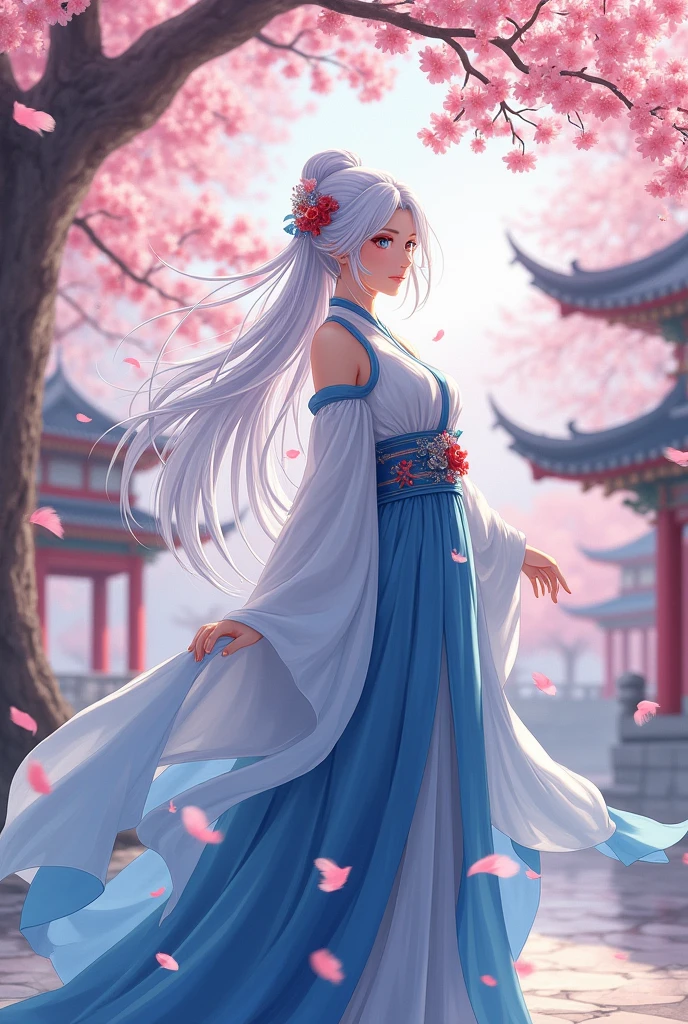 A anime woman, big breasts, in a blue and white dress with flowers in her white hair, hanfu, palace, girl in hanfu, blue hanfu, white hanfu, wearing ancient Chinese costume, cherry blossom tree, cherry blossom flower petals in wind((beautiful fantasy queen)), ancient Chinese princess, Chinese style, traditional Chinese clothing, ancient Chinese clothing, beautiful fantasy queen, Chinese princess, traditional beauty,