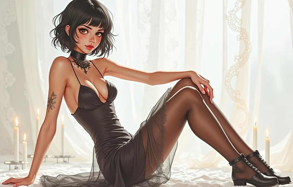 (short hair), wavy (black hair) and (a young woman with bangs). She has (fair skin) with bright (brown eyes) and (prominent freckles). She is dressed in a black gothic dress, radiating a slightly fiery expression, (large breasts)