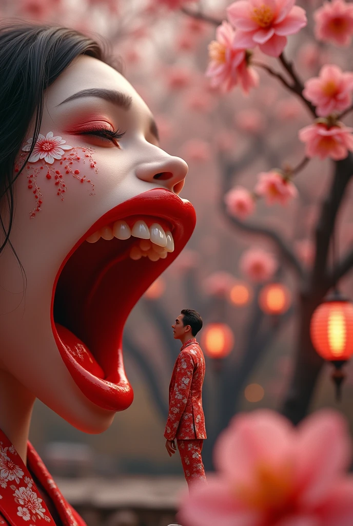 A small man about to be sucked into the mouth of a beautiful Japanese woman with a big mouth。