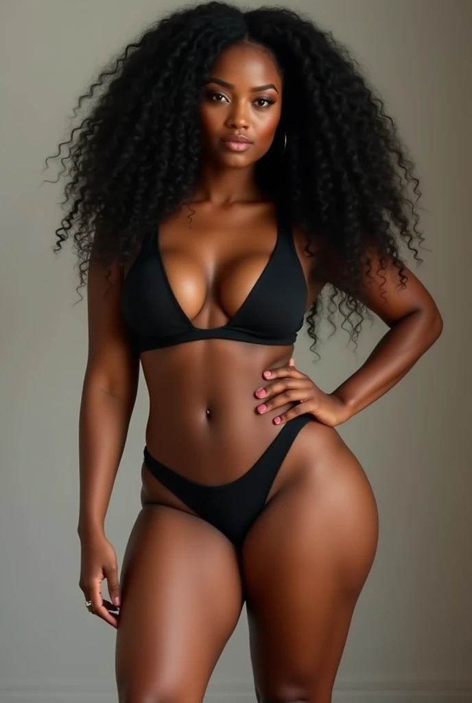 Woman, 30years, with super big thighs, Super small waist, black curly hair logos, ultra realisitic, best 4K UHD quality