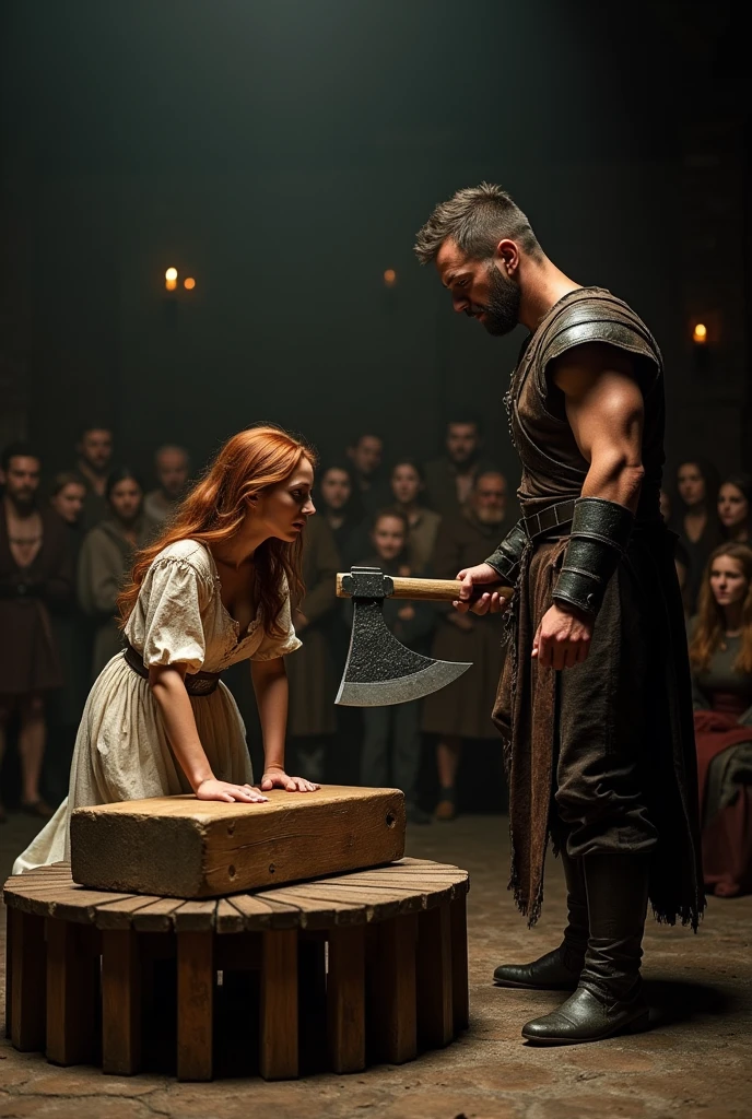 medieval beautiful woman crawling near chopping block, on wooden stage , watched by crowd, beside her a man with giant Axe
