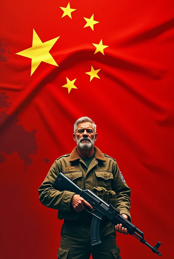 (The background is the entire,The map is red,On the left is the five-star red flag) (A middle-aged man in camouflage uniform holding an AK47 submachine gun)(On the left side of the picture"If there is a war,Must return when summoned!",The font must be strong and powerful)(The whole picture looks very loving.)(Aspect ratio of 3:2)(The whole picture is very technological)