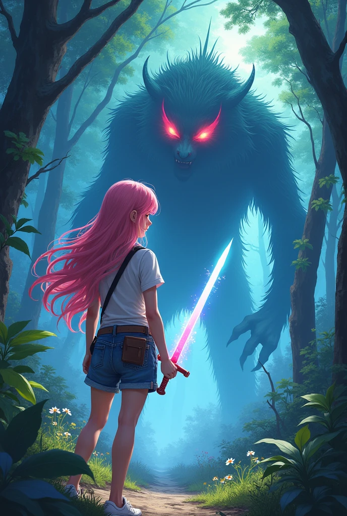 (animation:1.4), vibrant fantasy forest, magical atmosphere, glowing plants, long pink hair, white skin, 18-year-old girl, wearing a white short-sleeve t-shirt and denim shorts, with a small side bag, holding a semi-realistic fantasy sword with a glowing blade, facing off against a large creature with glowing red eyes, intense and determined expression, dynamic battle-ready pose, sword in hand, creature in background, mystical lighting, vibrant colors, cinematic composition, by Hayao Miyazaki, by Yoshitaka Amano