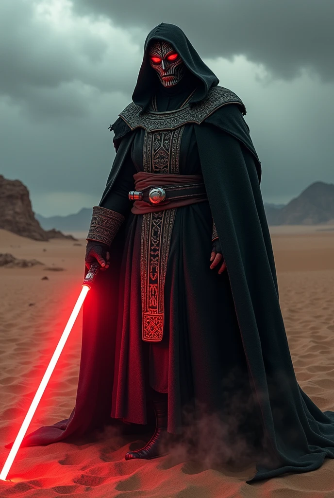 The country mexico as a Sith Lord from Star Wars, colors of the flag, red lightsaber, scary, frightening, ultra-realistic