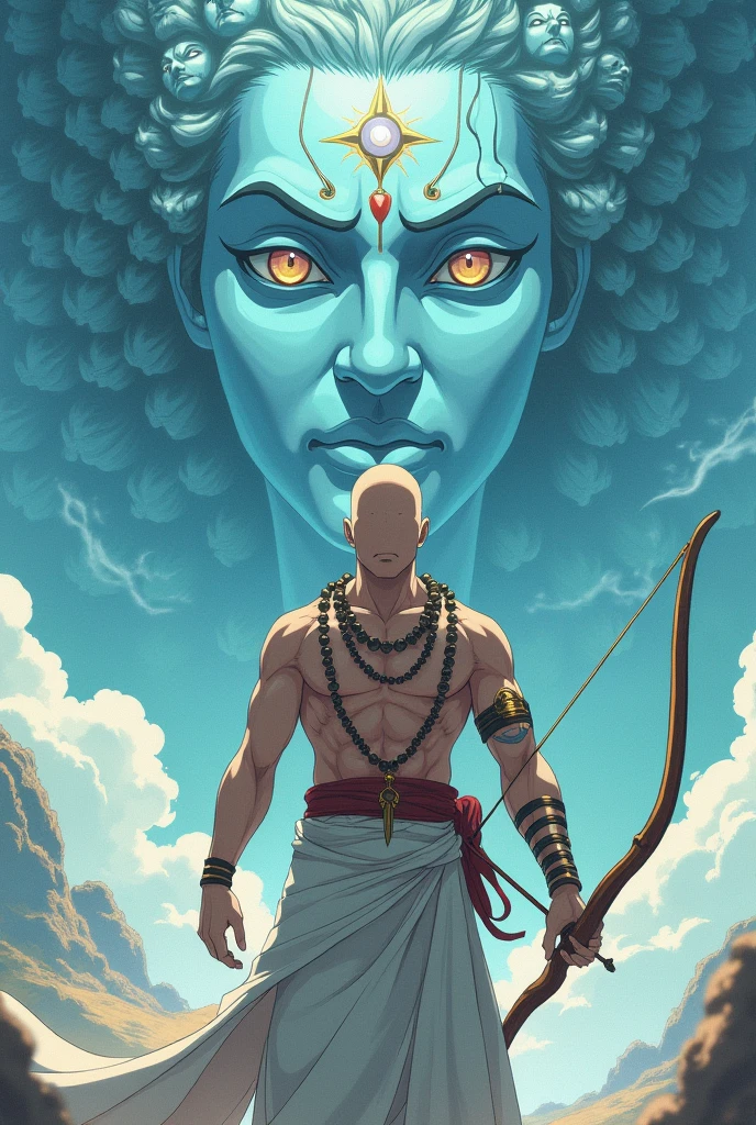 Create the image of the magician Shantih by invoking a Pashupatastra with the following instructions:
#Appearance The wizard Shantih wears ordinary white clothing and a necklace with large beads. (japamala), closely resembling a Buddhist preacher. Furthermore, presents a third eye (bindi) and a great muscular build, which makes others mistake him for a martial artist. He's bald and doesn't have a beard.
Pashupatastra is an astra , a heavenly missile, affiliated with the Hindu deity Shiva , bem como Kali e Adi Parashakti , that can be triggered by the mind, through the eyes, by words or by a bow. Should never be used against lesser enemies or by lesser warriors. (humans), Pashupatastra is capable of destroying creation and defeating all beings. It is one of the six Mantramukta weapons that cannot be resisted..
It is the most powerful astra of Shiva, and the embodiment of his energy and power. When fired, a manifestation of Shiva appears in the sky with a thousand heads., thousand eyes, a thousand stomachs and a thousand feet. Possesses the absolute power capable of annihilating anything, including divine entities and universal creation itself. This weapon had to be obtained directly from Shiva.
attention : Shantih is holding the bow Gandiva and aiming the Pashupatastra like an arrow. The manifestation of the thousand heads of Shiva is right behind the character. Place multiple Shiva faces in the image. It needs to be quite extravagant as described and unrealistic. Both Shantih and Shiva face the viewer. They are an anime drawing.