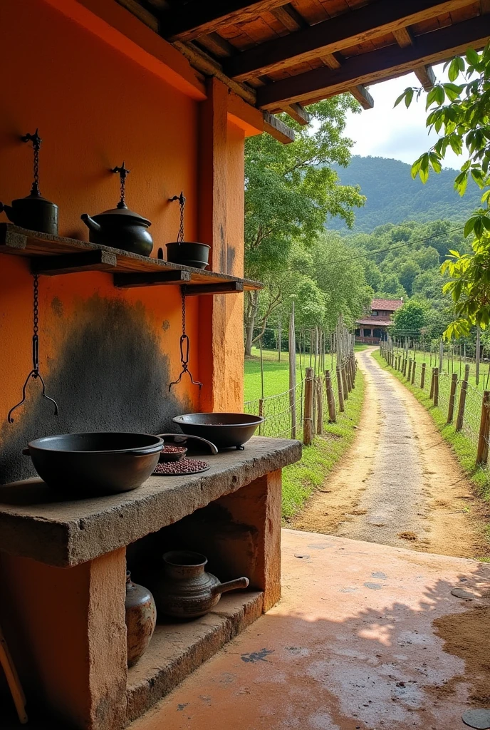 Make the image look more rural, to look older, that it looks like it's from the 20th century in Costa Rica, and that the colors of the house are representative colors of the rural era in Costa Rica., I don't have a fireplace that has a fire pit outside, A rustic and traditional stove, built of mud bricks and adobe, with a flat stone surface where cast iron pots and pans are placed. The chimney is a simple opening in the wall that allows smoke to escape., and in some cases, It is made of wood or bamboo. On the stove, Iron chains hang to adjust the height of the cauldrons. Often, The area around the hearth is blackened by soot., and the beaten earth floor has marks of ash and charcoal. This stove is the heart of the rural home, where corn tortillas are cooked, beans, and coffee, and where families gather to share stories and warmth, which are as well as wire fences on the pasture-type road, that they have a place where they leave the firewood to cook on the stove outside the house, Now that representative coffee plantations of Costa Rica appear in the 20th century and the coffee plantations