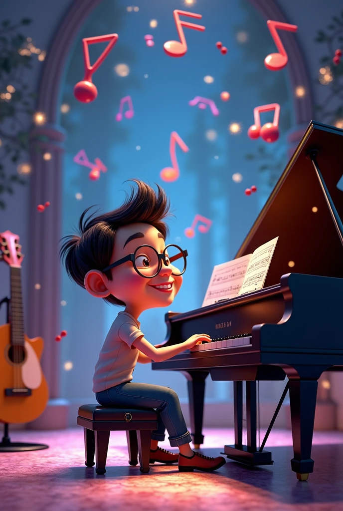  Piano, musical instruments, musical notes, sheet music, staff, colorful, happy, Beautiful, , musical, pixar type animation