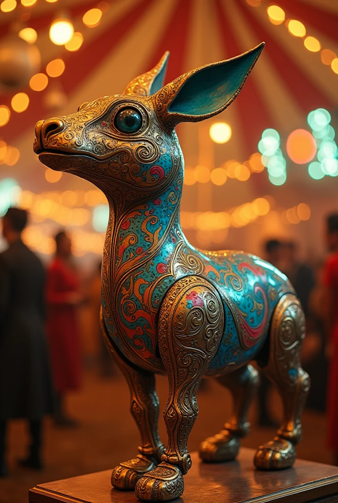 A surreal menagerie filled with steam-powered animals, each designed with 1960s psychedelic patterns. The animals move with lifelike grace, their brass exteriors gleaming under the warm, sepia-toned lights. The surreal environment is enhanced by floating, neon shapes and abstract designs on the circus tent’s interior