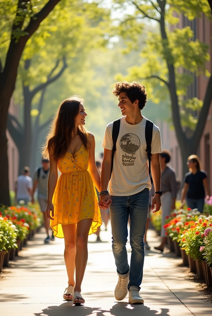 Two teenage lovers holding hands smiling at a school 