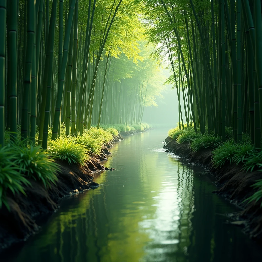 a small stream or pond next to the bamboo forest, the reflection of the bamboo forest is reflected on the water surface. Using symmetrical composition and reflection principles to capture the harmonious coexistence of water and bamboo forest. Beautiful cinematic lighting, surreal, RAW photo, color graded, dynamic movement, captivating chiaroscuro, award-winning, cinematic still, emotional, vignette, dynamic, vivid, (masterpiece, best quality, photorealistic, Professional, perfect composition, very aesthetic, absurdres, ultra-detailed, intricate details:1.3)