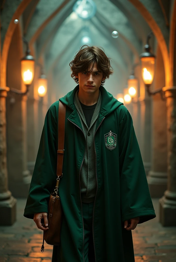 faça o newt de maze runner com o uniforme da sonserina de Hogwarts 
