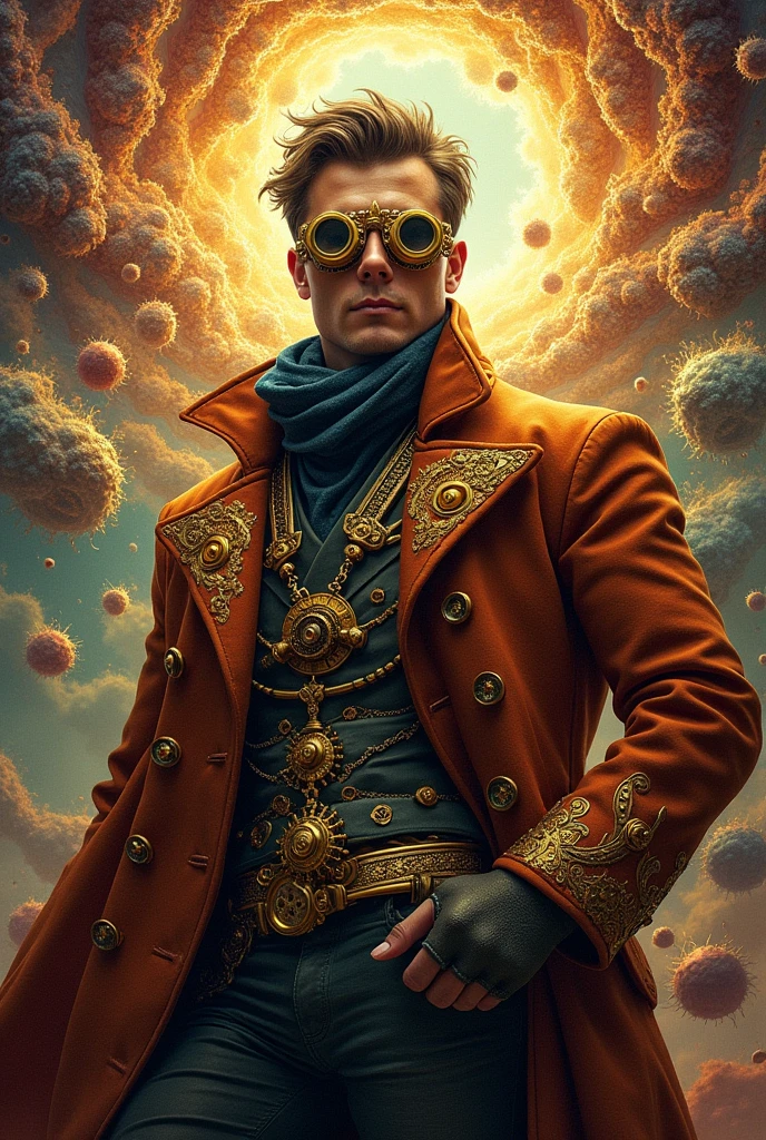 (masterpiece, Top quality, best quality, Official Art, beautiful and aesthetic:1.2), (1 male), Extremely detailed,(Fractal Art:1.3),rich and colorful,The most detailed, Background with fractal and mechanical steampunk details