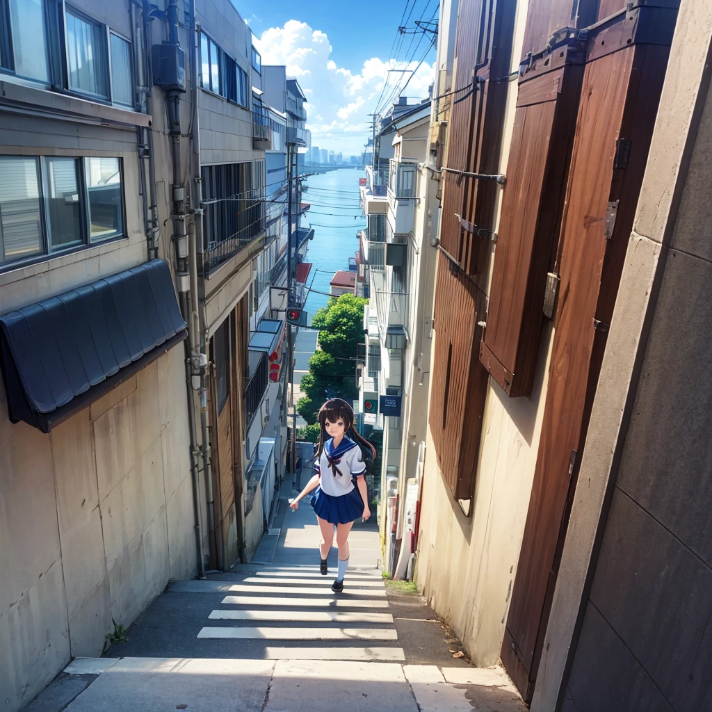 background, hill,
tokyo (city),
city, cityscape, apartment, skyscraper, architecture, building,
(downhill:1.4), road, street, pavement, asphalt,
(power lines, utility pole:1.3),
drain (object),
rooftop,
(ocean:1.2), water,
horizon, sky line,

1girl, 16yo,
standing,
gentle smile,
black hair, (low twintails), low pigtails, red ribbon in hair,  very long hair,
navy-blue sailor collar, white school uniform, blue ribbon, serafuku, 
navy-blue skirt,
(dark brown eye),
1 student bag on right shoulder,

day, summer,
from front, (from above:0.7),
high brightness, detailed face, detailed eyes,
(high quality, ultra detailed, masterpiece, super detail, highres, anatomically correct, UHD),
Japanese anime style, beautiful fingers, beautiful hands