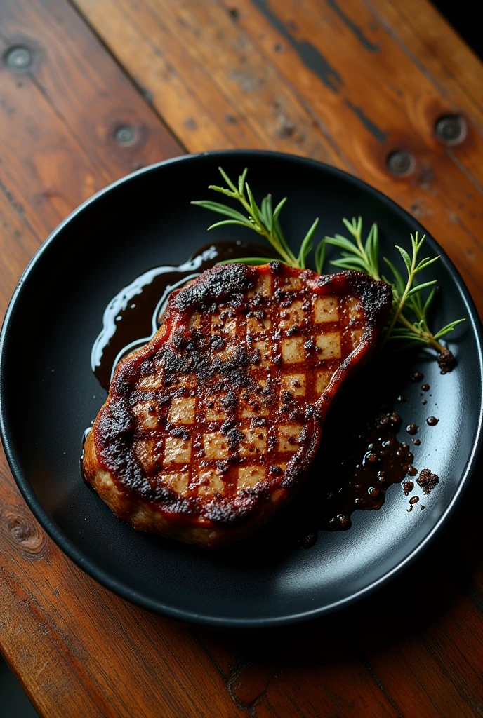 An overhead view of a perfectly cooked steak resting on a sleek, black plate. The plate is set on a rustic wooden table, with soft natural lighting highlighting the texture of the meat. The edges of the plate subtly contrast with the rich color of the wood, creating a visually appealing setting for the steak. Image resolution: 16:9.