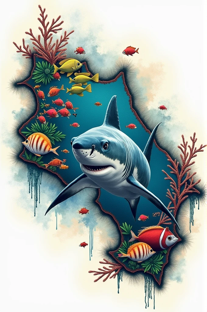 a blackword tattoo with the map of Costa Rica A shark and many marine fish