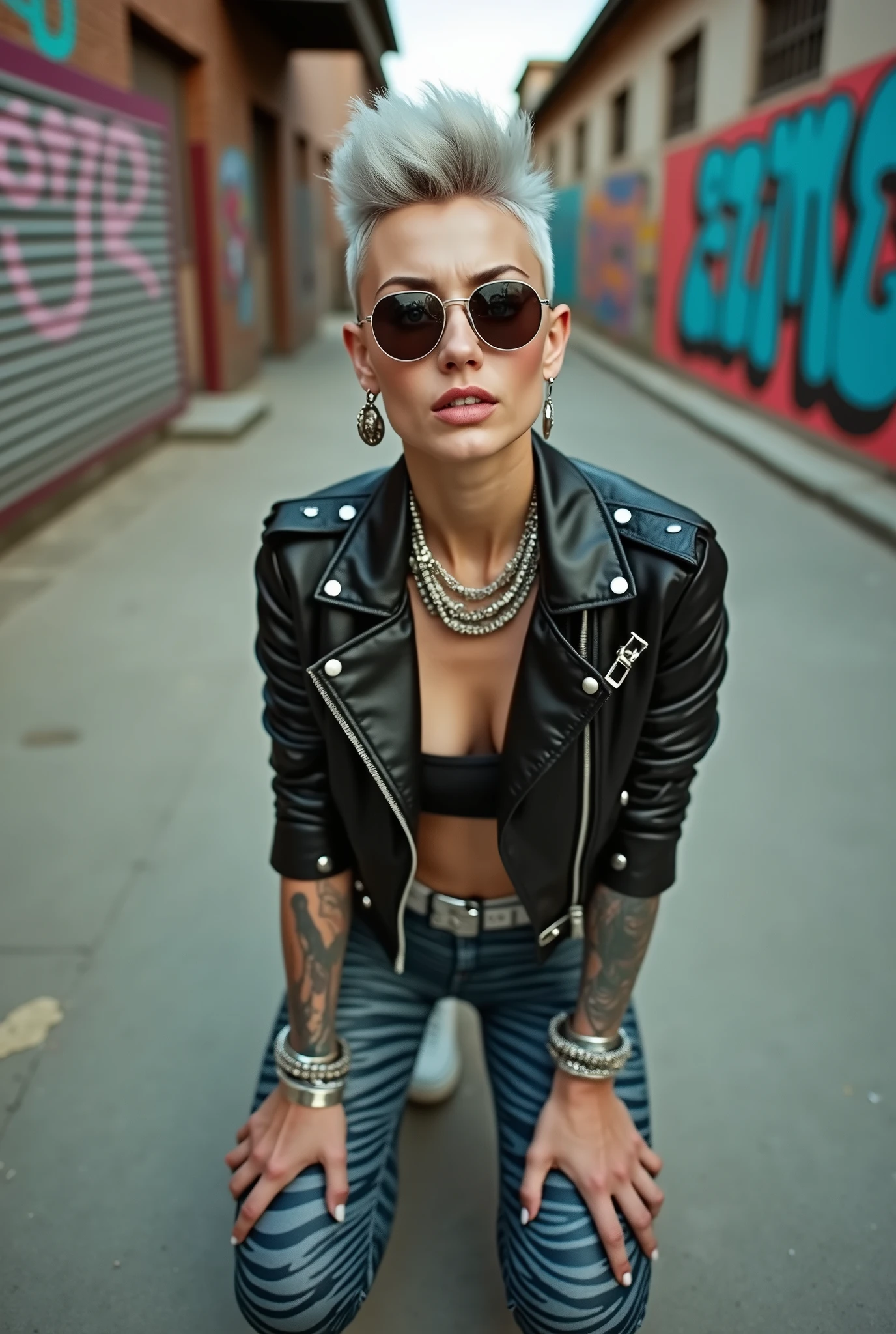 russian old milf woman, grey hair (boyish quiff, shaved sides), wearing sunglasses as (big maxi sunglasses), bandana as headband, with very light blue eyes, extremely pale. Wearing cropped padded black moto jacket with lots of zippers and badges on jacket flaps, black bra, zebra print leggings and white tennis sneakers  . Silicone breasts. Lots of metallic bracelets, long pendants and lots of collars. Long earrings. Kneeling, looking at the camera, legs spread, hangs in praying position, tilted head, eyes and mouth wide open in amazement. Toned abdominals, thin legs and thin arms. Tattoed chest, hands, belly and arms.