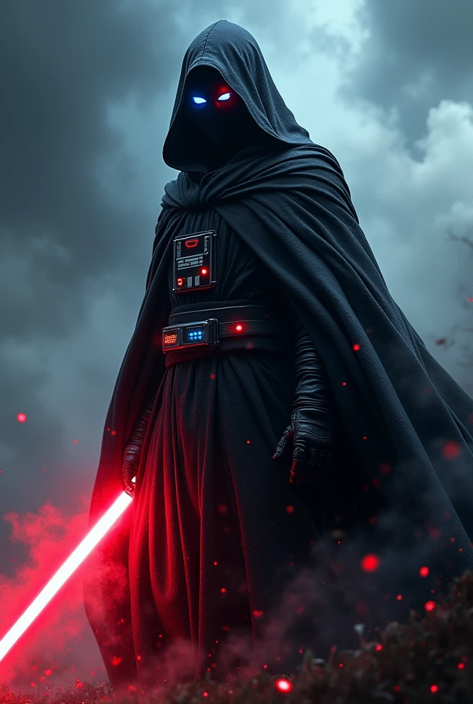 The country america as a Sith Lord from Star Wars, colors of the flag, red lightsaber, scary, frightening, ultra-realistic