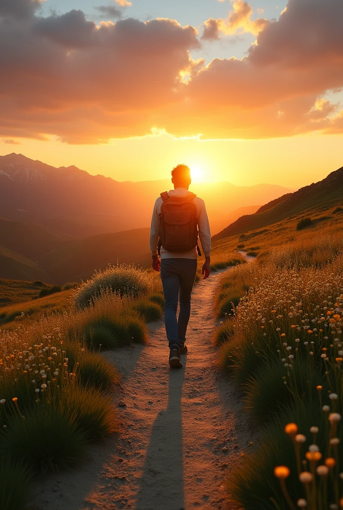  "A person is walking on a path towards a distant horizon, representing the journey of self-realization and understanding the purpose of life." realistic.