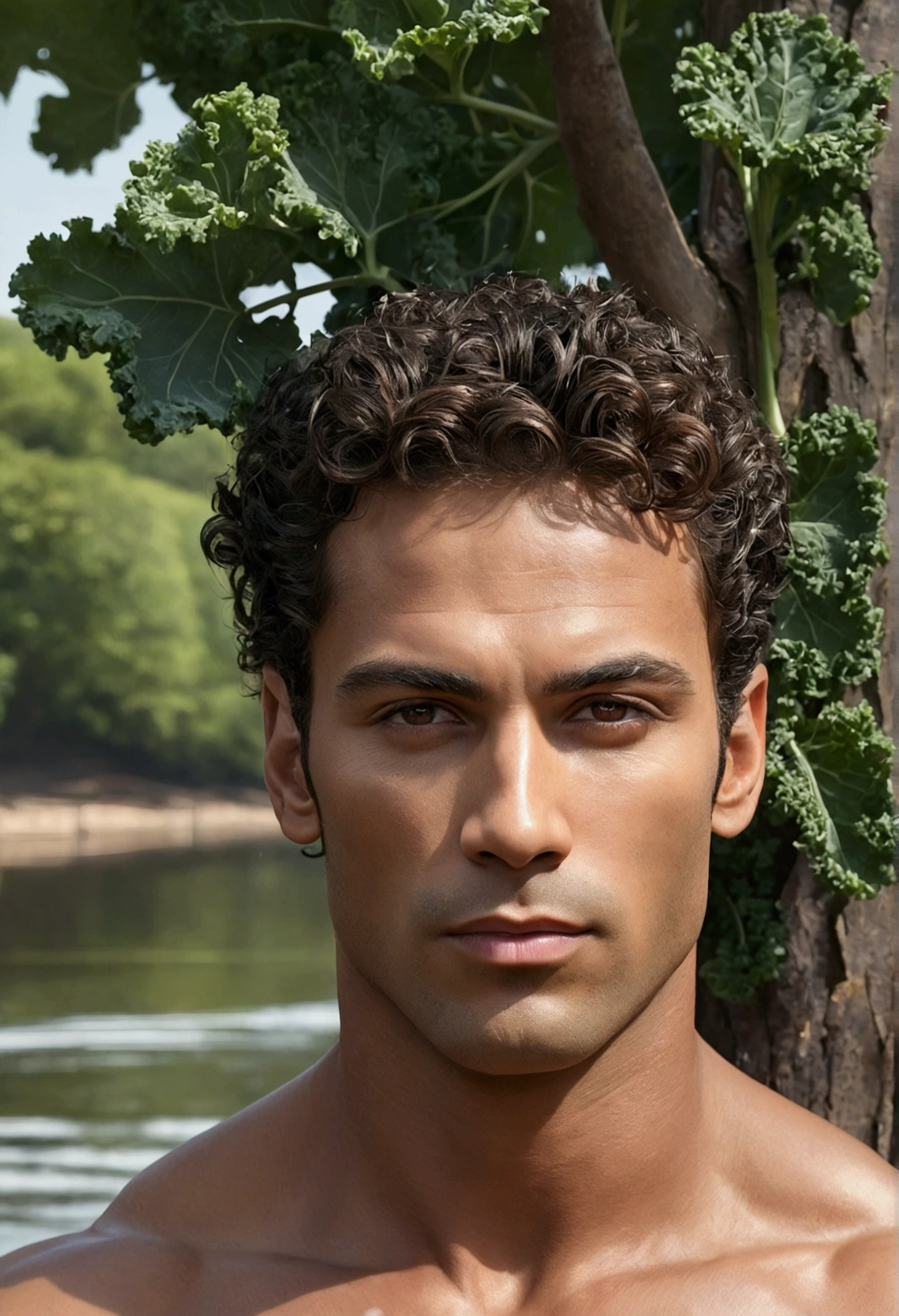 (Photorealistic, head of&#39;artwork, Detailed face, best quality, high resolution, 4K), style artistique fantastique, a majestic male model who radiates confidence and power.. He is under a tree at the edge of&#39;a river, avec des cheveux noirs brillants, dégageant l’essence du leadership et du charisme, Muscle, young, Kale, Big penis , ultra realise , photo prise depuis un iphone 15