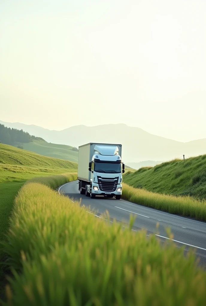 a road with an almost white sky with green grass and a white truck with a close approach of the truck showing the right side of the truck