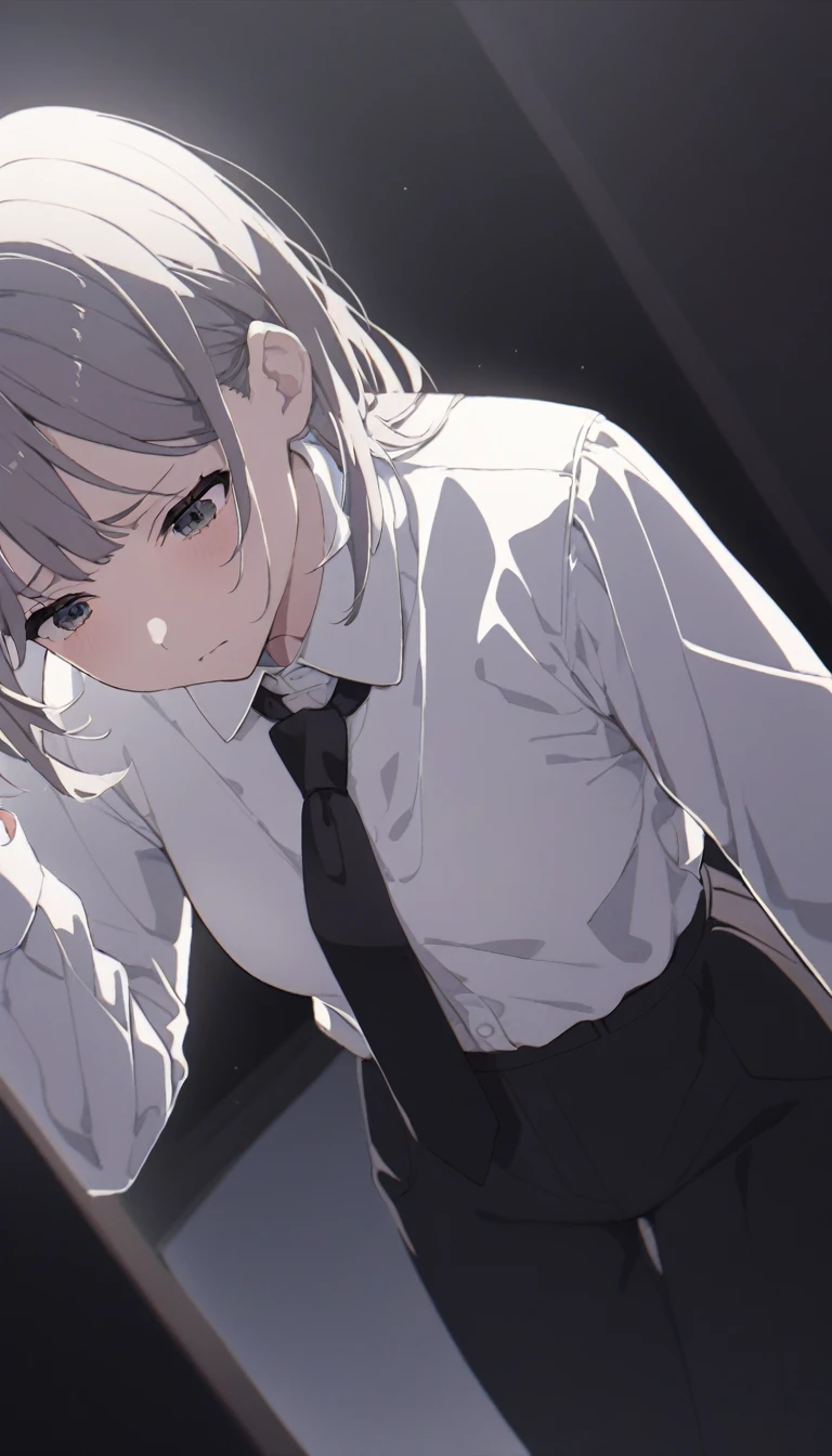 solo, Adult woman, Close up on person suffering from anxiety, a woman showing sadness, white shirt, black tie, Long-sleeved shirt, black trousers, standing pose, dynamic angle. no light source, dark background, night days, dark hotel bedroom background,