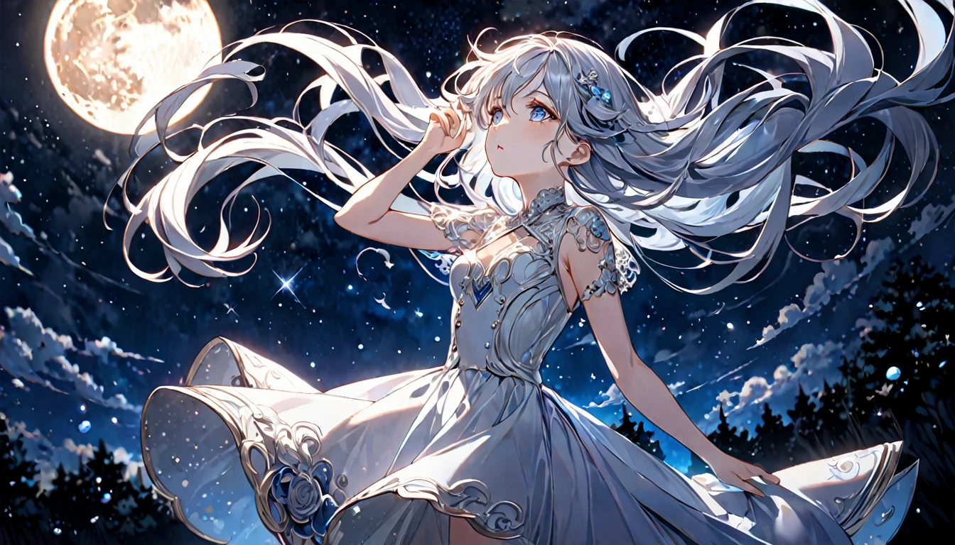 **282. One person。Personification of the moon。A beautiful incarnation of the moon floating in the silent night sky。Cowboy shot or close-up。
masterpiece, best quality, ultra detailed (Detailed fingers), (Emotional), (Breathtakingly beautiful),
(main part: 1.2 Whole body。), (Anime Style), (Very detailed), (Moon Personification),
(超High resolution, High resolution), (8k), (High resolution: 1.2), (Complex and beautiful: 1.2)**
- background: Star-studded night sky、A faintly glowing moon rising。
- Personification: Young woman, around 18 years old、Wearing a dress made of moonlight。
-pose: Looking up at the night sky、A figure that emits light。
-expression: calm and mysterious、A posture that evokes a quiet night。
- Effects: The moonlight shines on my skin、Star surround effect。
-color: Silver and navy blue、Colors that represent the night sky and the moon。