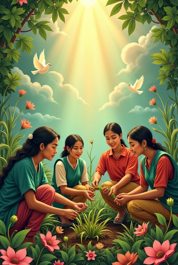 The artwork is divided into three sections, each representing different aspects of bravery, sacrifice, and the enduring legacy of the student martyrs of Bangladesh.
1. **Left Section: The Flame of Knowledge and Courage**
- This section features a group of students, both male and female, holding books and pens high, symbolizing the pursuit of education and the courage to stand up for their beliefs. The students are depicted in a dynamic stance, as if in mid-march, representing the numerous student movements that have shaped Bangladesh's history.
- Behind them, a large torch burns brightly, the flame reaching upwards. The flame symbolizes knowledge, enlightenment, and the indomitable spirit of the students. The torchbearer stands at the forefront, symbolizing leadership and the willingness to lead despite the risks.
2. **Center Section: The Martyrs' Memorial**
- The central part of the artwork is dominated by a depiction of the Shaheed Minar, the iconic monument in Dhaka that commemorates the Language Movement martyrs of 1952. The Shaheed Minar is surrounded by abstract, ghostly images of students who have sacrificed their lives, their faces serene yet resolute.
- Below the monument, the silhouettes of hands are reaching out, symbolizing the continuous struggle for freedom, rights, and justice. The hands are bathed in a warm, golden light, representing the honor and respect the nation holds for its fallen heroes.
- The backdrop here is a blend of the national colors – deep green and red – signifying Bangladesh, with a rising sun in the background to symbolize hope and a new dawn that these sacrifices have brought.
3. **Right Section: The Legacy and the Future**
- The final section shows a group of younger studen