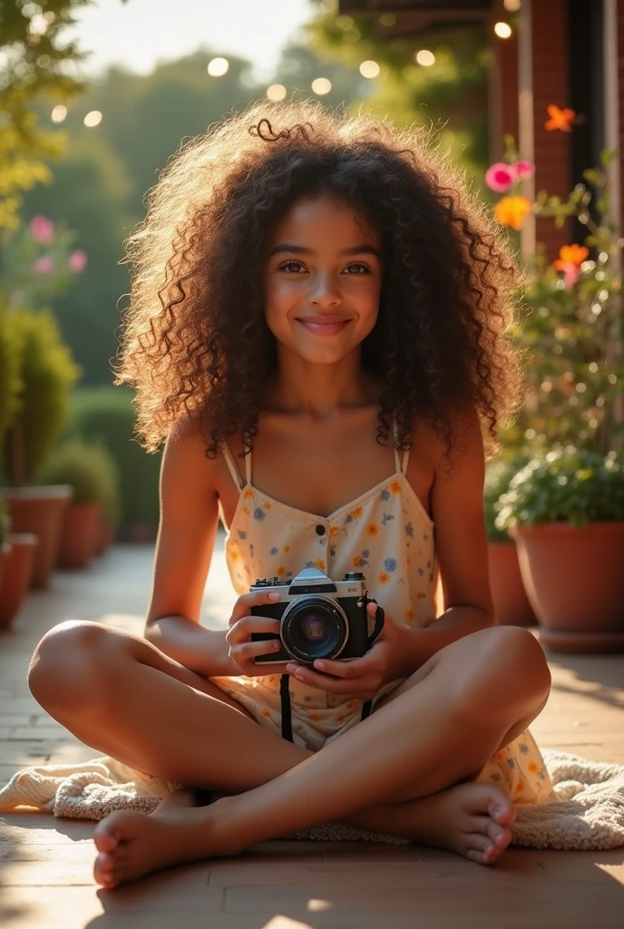 A brunette girl with curly hair and big breasts sits with her legs stretched out, taking a realistic photo