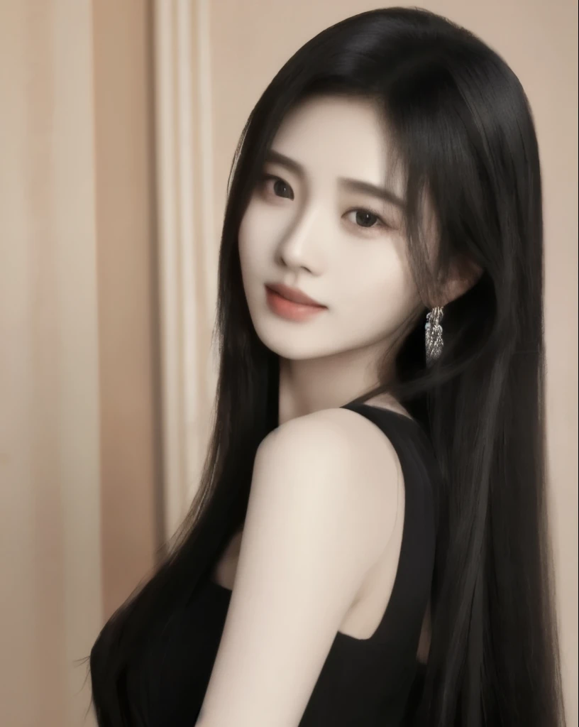 jujingyi, 1girl, solo, long hair, looking at viewer, black hair, black dress, upper body,