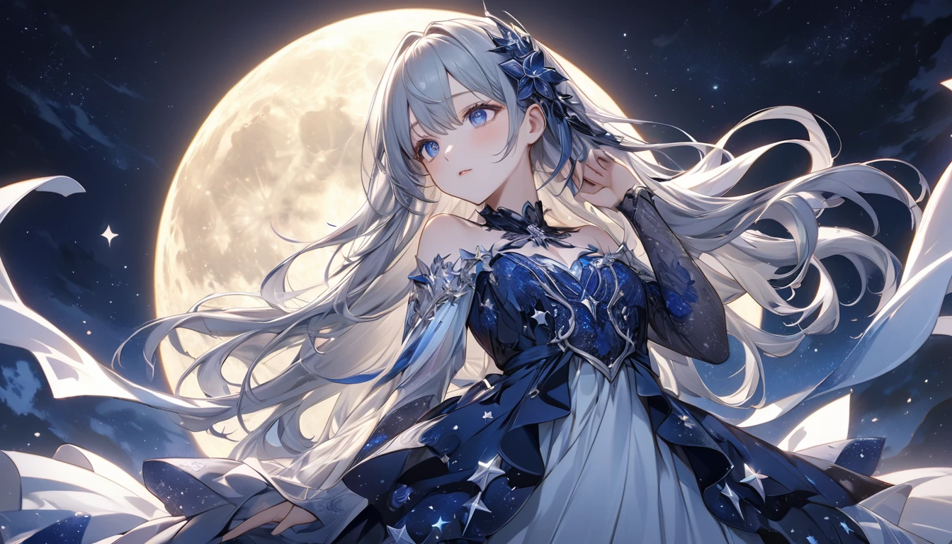 **282. One person。Personification of the moon。A beautiful incarnation of the moon floating in the silent night sky。Cowboy shot or close-up。
masterpiece, best quality, ultra detailed (Detailed fingers), (Emotional), (Breathtakingly beautiful),
(main part: 1.2 Whole body。), (Anime Style), (Very detailed), (Moon Personification),
(超High resolution, High resolution), (8k), (High resolution: 1.2), (Complex and beautiful: 1.2)**
- background: Star-studded night sky、A faintly glowing moon rising。
- Personification: Young woman, around 18 years old、Wearing a dress made of moonlight。
-pose: Looking up at the night sky、A figure that emits light。
-expression: calm and mysterious、A posture that evokes a quiet night。
- Effects: The moonlight shines on my skin、Star surround effect。
-color: Silver and navy blue、Colors that represent the night sky and the moon。