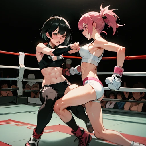 two bloody beautiful Japanese female fighters are fighting by bareknuckle boxing in the octagon fighting ring of underground arena with audience. A fierce exchange of dynamic punches. they are beating each other so hard. survival battle. whole body picture. they are covered in scars and bruises. they are damaged terribry. Short-cut black hair, out of breath, drooling from mouth, one eye is closed, exhausted, drenched in sweat. Erect nipples. open finger glove. Ragged white and pink lined sports bra, high leg panty, Stockings. armwarmers. small breasts, armwarmers. Whittled waistline, muscular, six-pack abs, small breasts.
