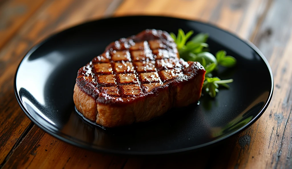 An overhead view of a perfectly cooked steak resting on a sleek, black plate. The plate is set on a rustic wooden table, with soft natural lighting highlighting the texture of the meat. The edges of the plate subtly contrast with the rich color of the wood, creating a visually appealing setting for the steak. Image resolution: 16:9.