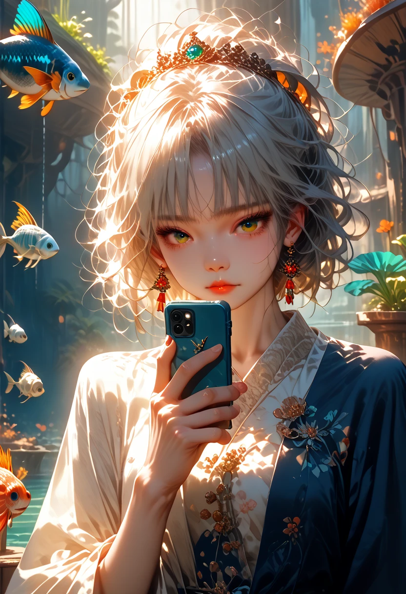 (3d:0.5,realistic:0.5,photorealistic:0.5),(absurdity,Super resolution,masterpiece,Best quality,finely detailed,absurdity:1.2), dramatic light, dramatic lighting, cinematic, Anime landscapes, Makoto Shinkai, Ghibli, an aquarium, Water World, fish, whale, 1 man, Asian man, Attractive guy, Attractive boy, holding a phone, blue jacket, black short hair, Lace, fantasy world