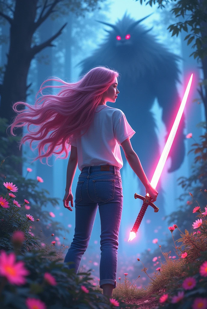 (animation:1.4), vibrant fantasy forest, magical atmosphere, glowing plants, long pink hair, white skin, 18-year-old girl, wearing a white short-sleeve t-shirt and denim pants, with a small side bag, holding a semi-realistic fantasy sword with a glowing blade, facing off against a large creature with glowing red eyes, intense and determined expression, dynamic battle-ready pose, sword in hand, creature in background, mystical lighting, vibrant colors, cinematic composition, by Hayao Miyazaki, by Yoshitaka Amano


