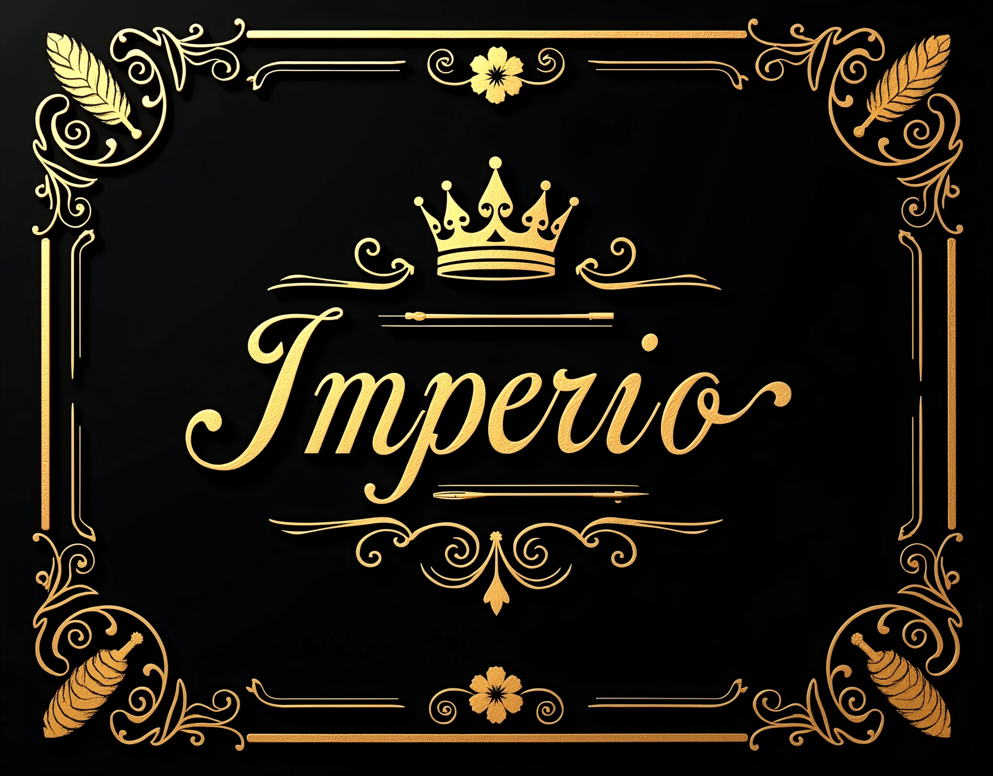 A fantasy-inspired bakery poster for "Imperio," using only black and gold. The design features a sleek, minimalist golden crown at the top center, symbolizing royalty and mystique. Below the crown, the name "Imperio" is written in elegant, slender serif font with delicate flourishes, all in deep, luxurious gold. The edges of the poster are adorned with intricate black filigree patterns, adding a touch of elegance. gold-embossed icons of bakery elements like wheat stalks, a loaf of bread, and rolling pins, subtly integrated into the design. The background is a velvety black with gold accents, creating a magical, luxurious, and refined atmosphere.