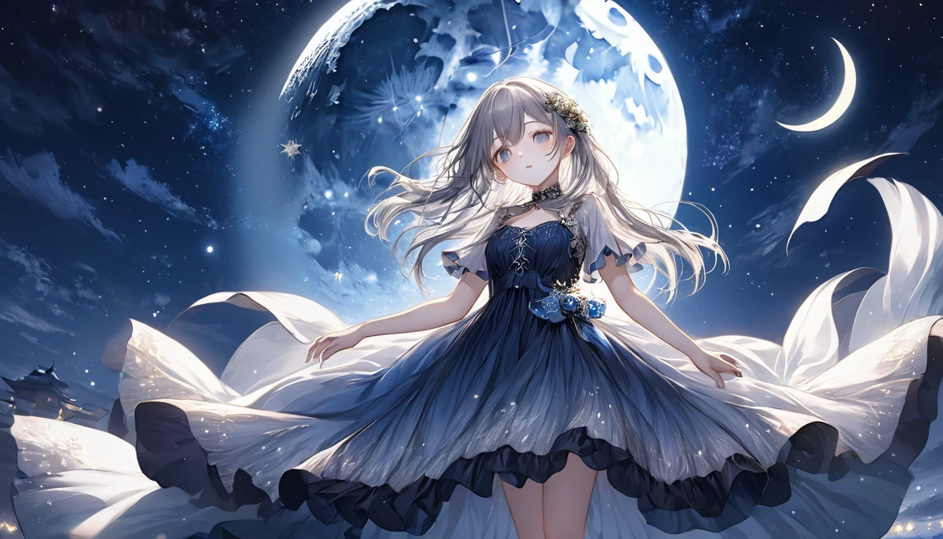 **282. One person。Personification of the moon。A beautiful incarnation of the moon floating in the silent night sky。Cowboy shot or close-up。
masterpiece, best quality, ultra detailed (Detailed fingers), (Emotional), (Breathtakingly beautiful),
(main part: 1.2 Whole body。), (Anime Style), (Very detailed), (Moon Personification),
(超High resolution, High resolution), (8k), (High resolution: 1.2), (Complex and beautiful: 1.2)**
- background: Star-studded night sky、A faintly glowing moon rising。
- Personification: Young woman, around 18 years old、Wearing a dress made of moonlight。
-pose: Looking up at the night sky、A figure that emits light。
-expression: calm and mysterious、A posture that evokes a quiet night。
- Effects: The moonlight shines on my skin、Star surround effect。
-color: Silver and navy blue、Colors that represent the night sky and the moon。