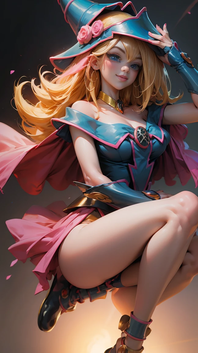 Dark magician gils half body, blue eyes, long thick black eyelashes, pink lips. Socks with pink blush, innocent smile, gold earrings. gold choker, Long blonde hair, Sensual and innocent pose. half body shot.