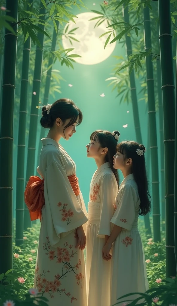 Bamboo Forest,Moonlight, woman in kimono,Two girls kissing