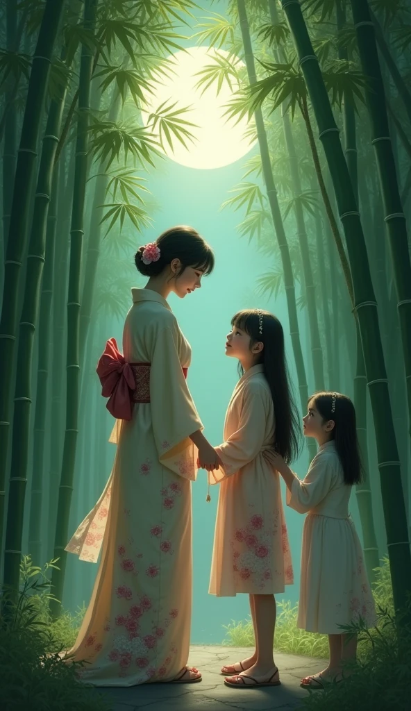 Bamboo Forest,Moonlight, woman in kimono,Two girls kissing