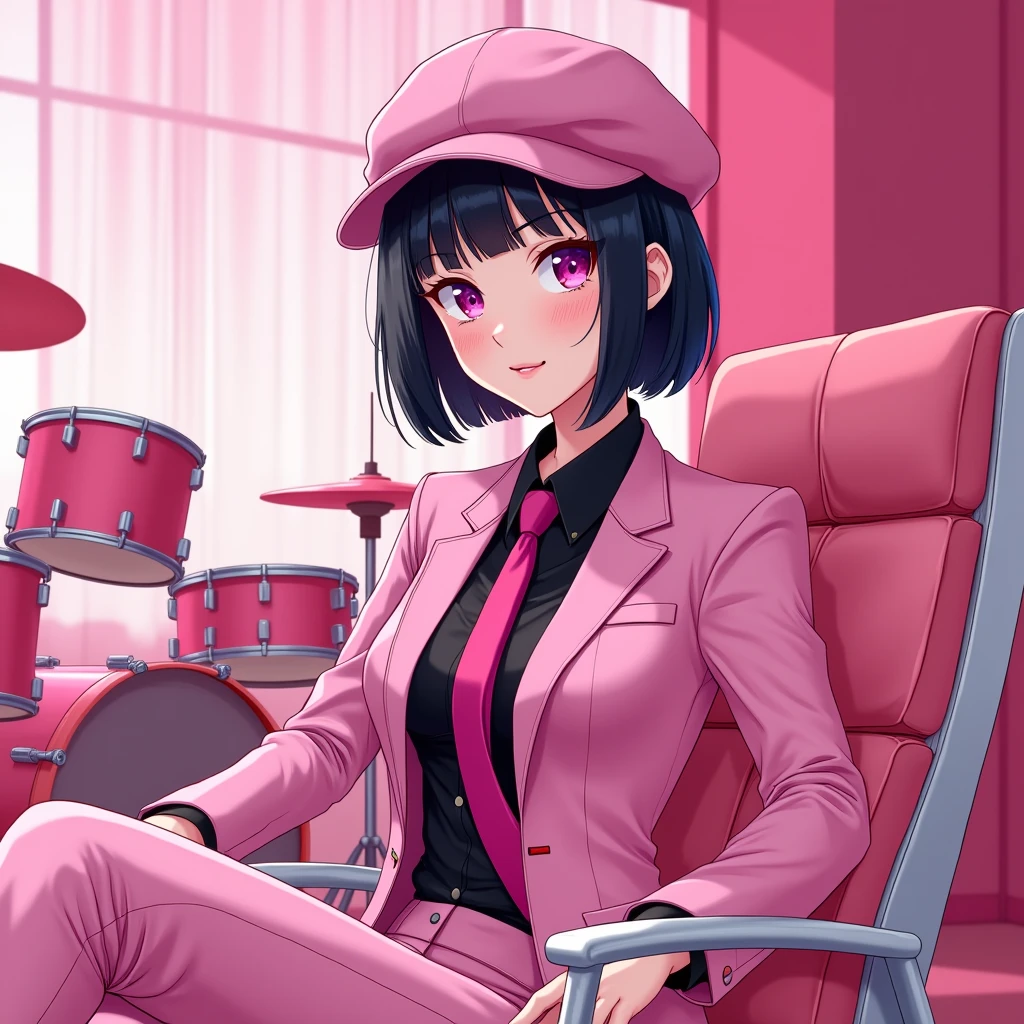 The young woman short black hair and pink eyes wear a pink suit, black shirt, magenta necktie, pink cap, black pencil skirt, black underpants, black tights, black socks, adidas pink sneakers.

She wear glasses, sit on the chair, pink drum set, pink room, cartoon anime, 4K, HD