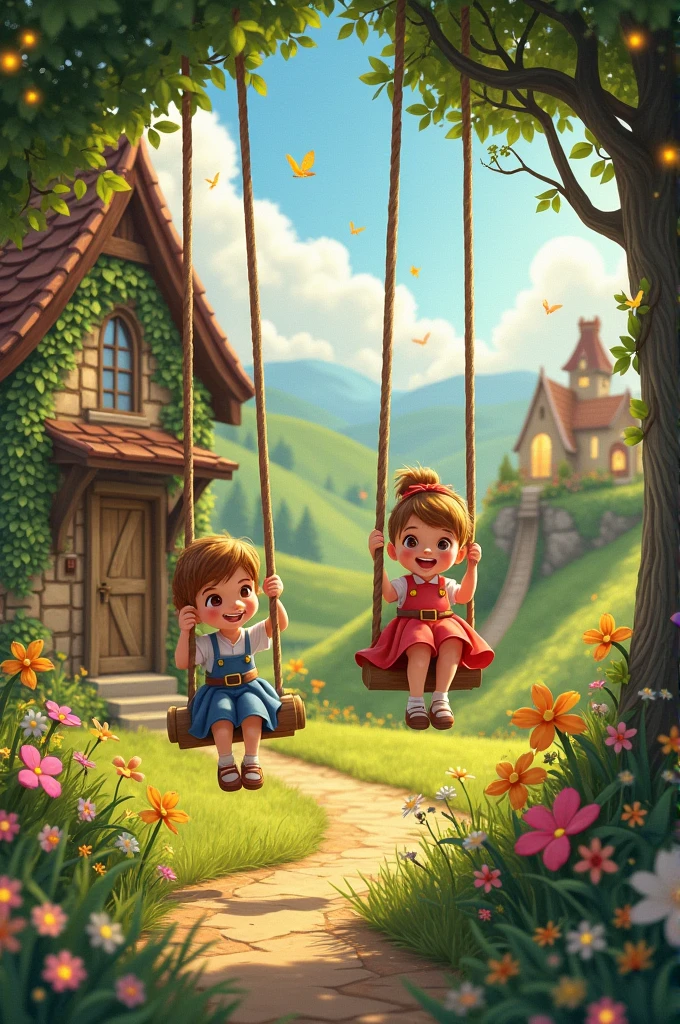 Vintage village cottage playground children playing fantasy animation