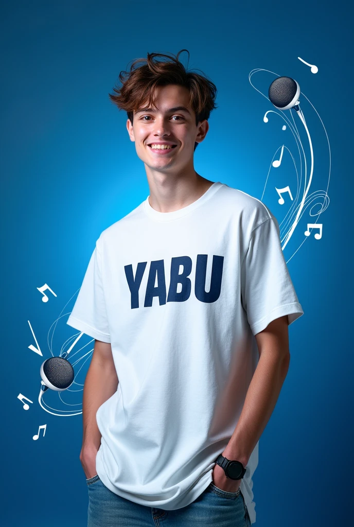 **Profile Picture Design Concept:**
- **Background**: Choose a bold, solid color or a subtle gradient that aligns with your brand. Deep blue, red, or purple could work well.
- **Main Element**: Feature a high-energy, well-lit photo of a 17-year-old white boy with a handsome appearance. He should be wearing a long white hip-hop T-shirt with "YABU" written on it. The pose should reflect confidence and personality.
- **Text**: If you want to include additional text, keep it minimal. Your stage name "YABU" can be prominently displayed in a modern, eye-catching font that complements the photo.
- **Additional Elements**: Consider adding subtle graphics related to your music style, like a microphone or abstract design, integrated in a way that enhances the overall look.
This design should be clear, striking, and reflective of your style, ensuring it stands out on YouTube.