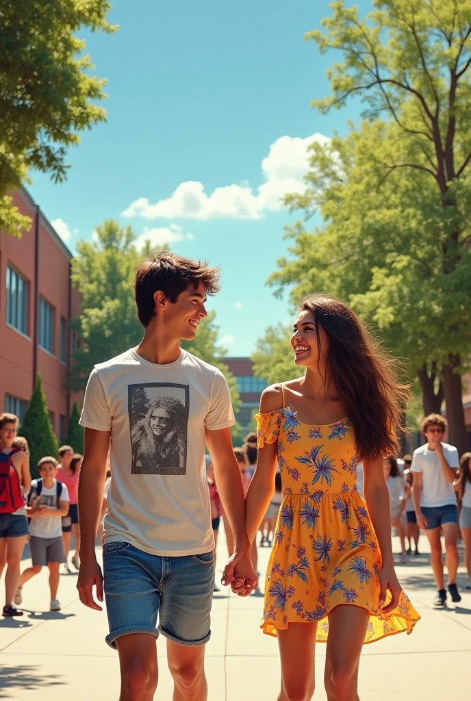 Two age lovers holding hands smiling at a school 