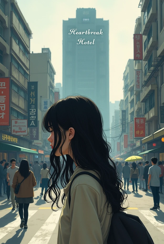 book cover, realistic drawing: Korean girl, long wavy black hair, sobbing, walking down the street, behind a gray hotel, but in an urban city. The name of the book would be "Heartbreak Hotel", author "iKakaw"