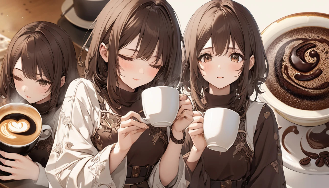 **283. One person。Coffee personification。Warm、The embodiment of aromatic coffee。Cowboy shot or close-up。
masterpiece, best quality, ultra detailed (Detailed fingers), (Emotional), (Breathtakingly beautiful),
(main part: 1.2 Whole body。), (Anime Style), (Very detailed), (Coffee Personification),
(超High resolution, High resolution), (8k), (High resolution: 1.2), (Complex and beautiful: 1.2)**
- background: A warm cafe、A relaxing space filled with aromas。
- Personification: Young woman, around 18 years old、Wearing a dark brown cup-shaped outfit。
-pose: Holding a steaming cup in both hands。
-expression: A calm expression that exudes comfort、Relaxed posture。
- Effects: The aroma rising from the cup is visualized.、Surrounding Effects。
-color: Dark brown and cream white、A color that symbolizes the richness of coffee。