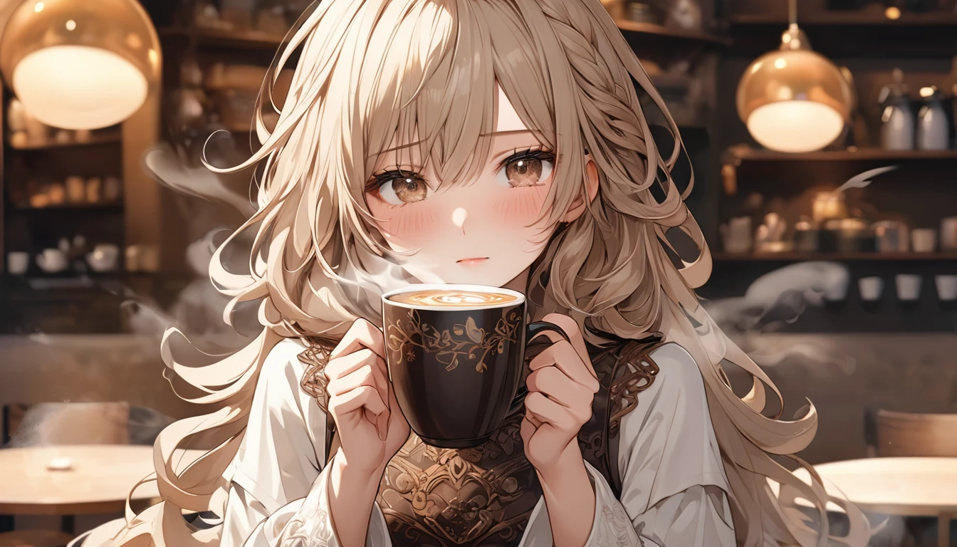 **283. One person。Coffee personification。Warm、The embodiment of aromatic coffee。Cowboy shot or close-up。  
masterpiece, best quality, ultra detailed (Detailed fingers), (Emotional), (Breathtakingly beautiful),  
(main part: 1.2 Whole body。), (Anime Style), (Very detailed), (Coffee Personification),  
(超High resolution, High resolution), (8k), (High resolution: 1.2), (Complex and beautiful: 1.2)**
- background: A warm cafe、A relaxing space filled with aromas。
- Personification: Young woman, around 18 years old、Wearing a dark brown cup-shaped outfit。
-pose: Holding a steaming cup in both hands。
-expression: A calm expression that exudes comfort、Relaxed posture。
- Effects: The aroma rising from the cup is visualized.、Surrounding Effects。
-color: Dark brown and cream white、A color that symbolizes the richness of coffee。
