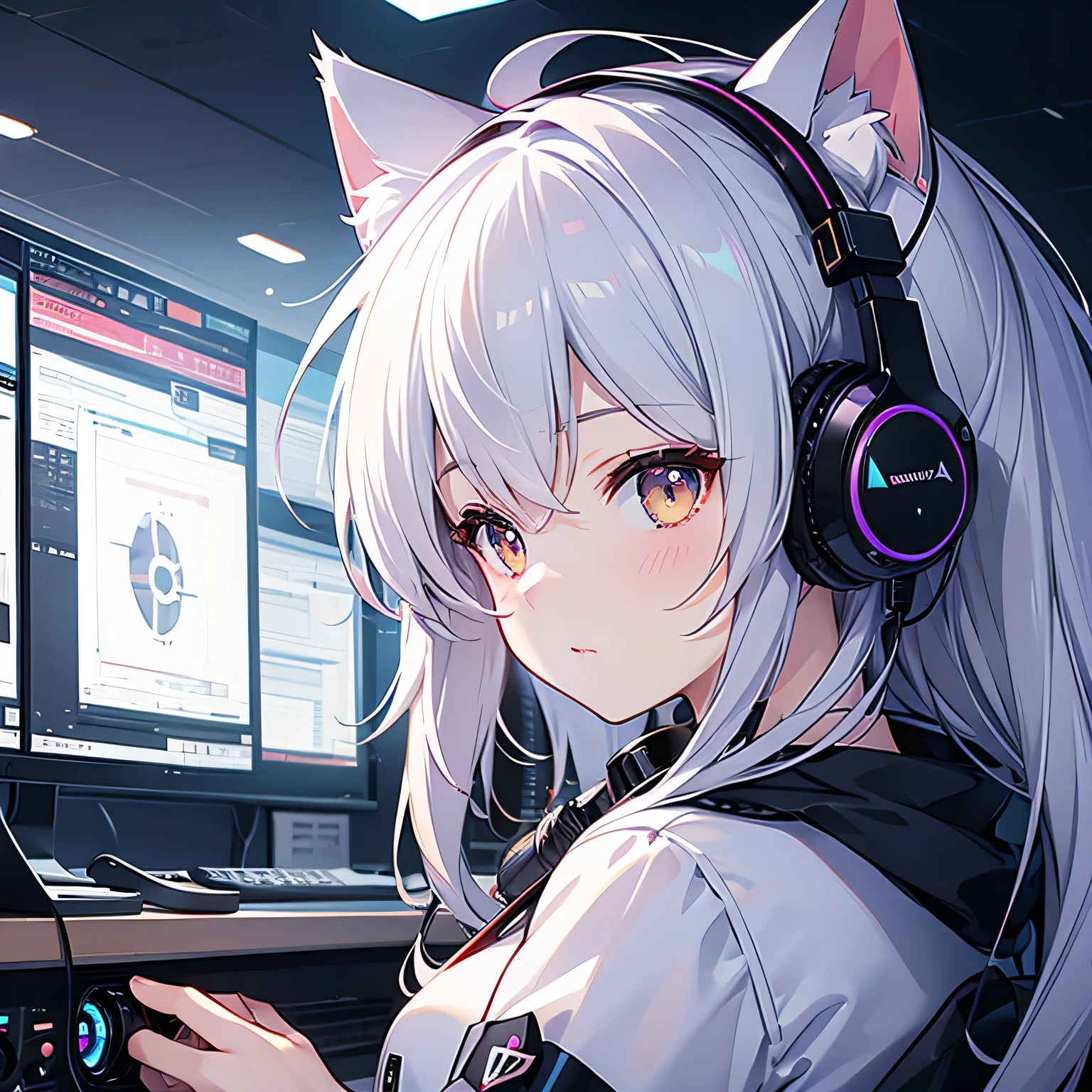 Distributor、Cat ear headphones、monitor、profile、beautiful girl、prism、Condenser microphone