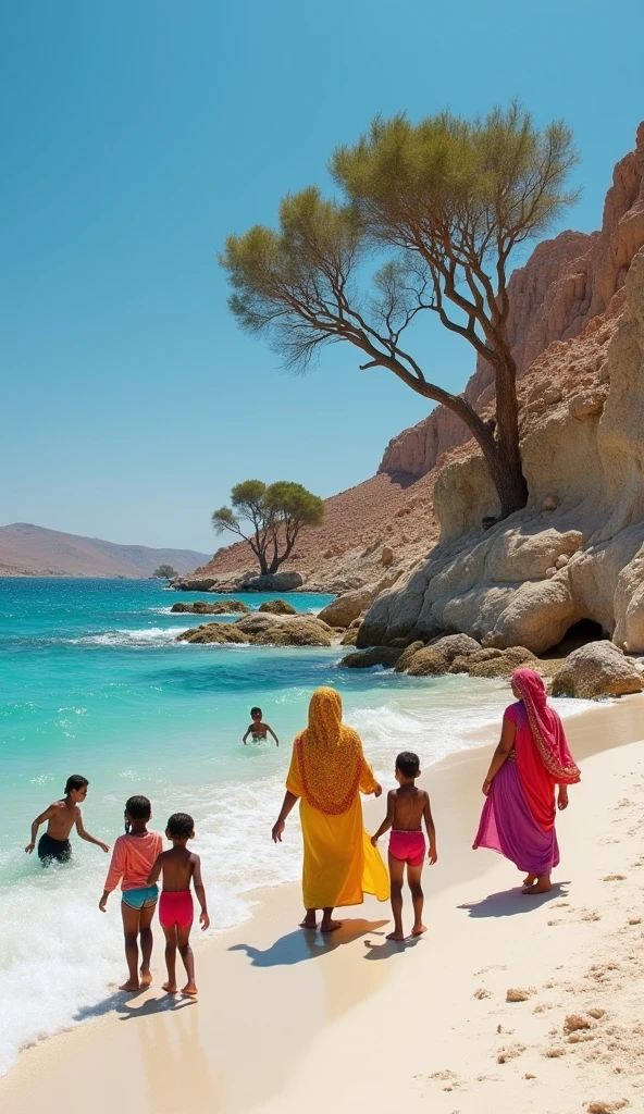 The local population of Sacotra Island on the beach with white sand and clear blue water